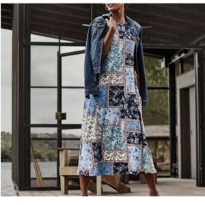 J Jill Tank Dress Women's Sz Medium Floral Patchwork Boho Maxi Stretchy Pockets‎